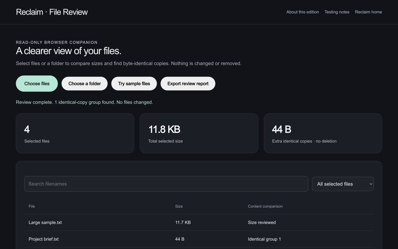 Four original sample files total 11.8 KB. Their sizes and names are visible before any decision; the review leaves the source files unchanged.