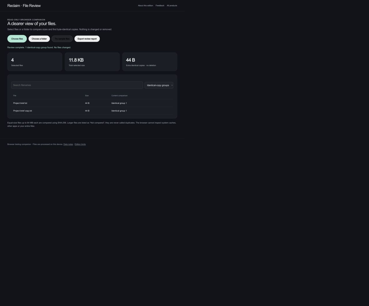 Reclaim: Find identical content. Review copies matched by file content, using original test files.