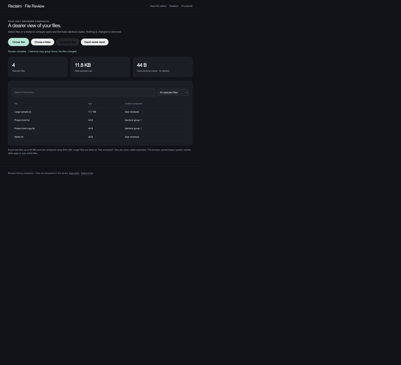 Reclaim: Review selected files. Inspect the sizes and names of files you choose.